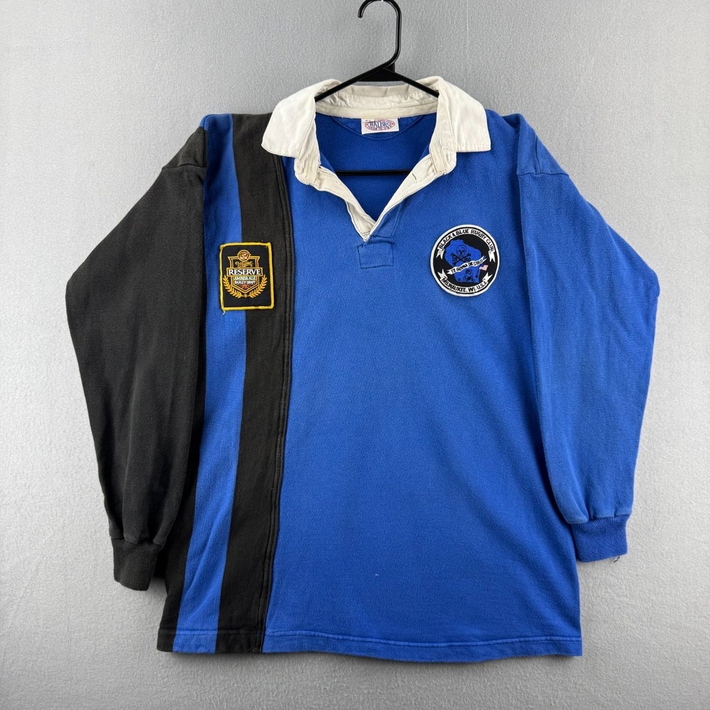 Vintage Halbro Rugby Shirt Mens 44 Blue Heavy Cotton Black & Blue Rugby Club USA